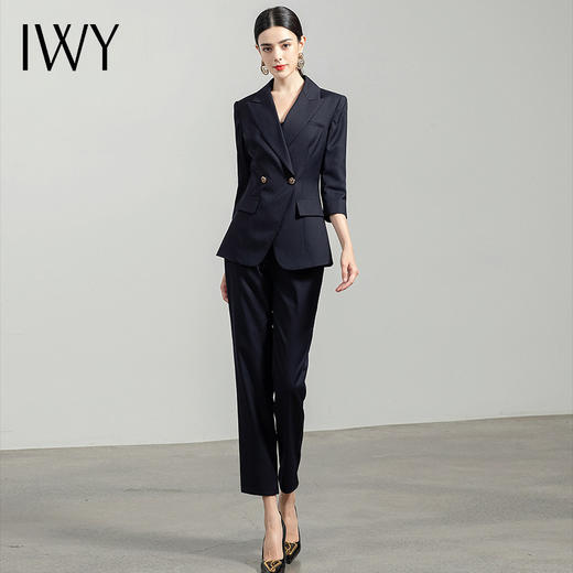 IWY/高端气质藏蓝色长袖西装套裤职业装女装通勤修身西服套装工服	CP1362 商品图1