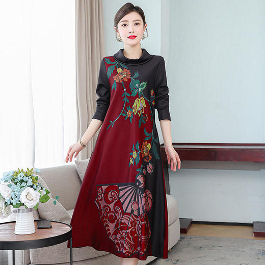 XYX5539 中年妈妈印花连衣裙2021秋冬新款女装端庄气质阔太太半高领子长裙 商品图2