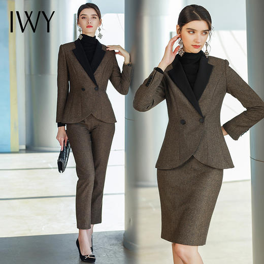 IWY/加厚毛呢西服套装棕色高级感女总裁正装女秋冬时尚拼色职业装	CP1461 商品图4