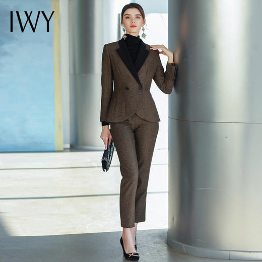 IWY/加厚毛呢西服套装棕色高级感女总裁正装女秋冬时尚拼色职业装	CP1461 商品图2