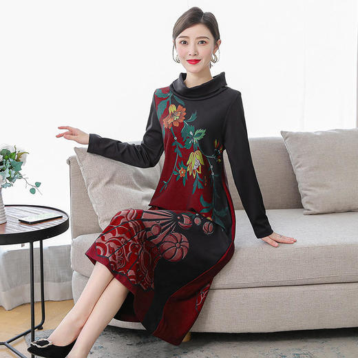 XYX5539 中年妈妈印花连衣裙2021秋冬新款女装端庄气质阔太太半高领子长裙 商品图1