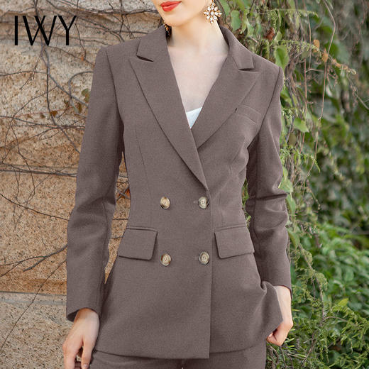 IWY/咖色高端职场工作服女西服主持人正装英伦风双排扣西装套装女	C1344-K+P945 商品图4
