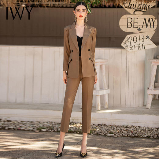 IWY/咖色西装套装女双排扣西服外套OL干练职场女装艺考主持人正装	CP1339 商品图0