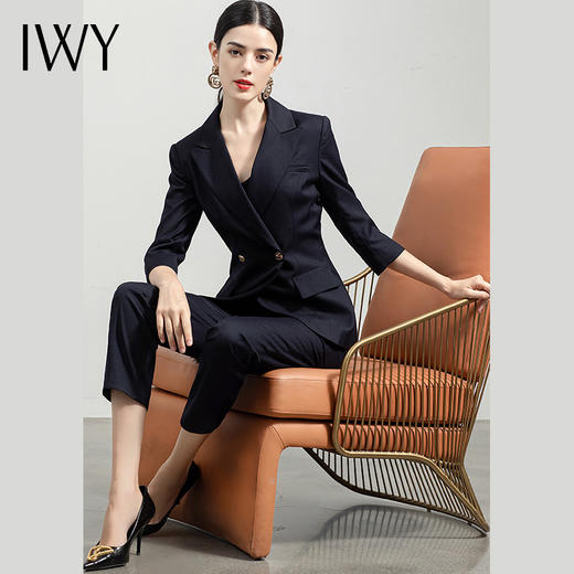 IWY/高端气质藏蓝色长袖西装套裤职业装女装通勤修身西服套装工服	CP1362 商品图0