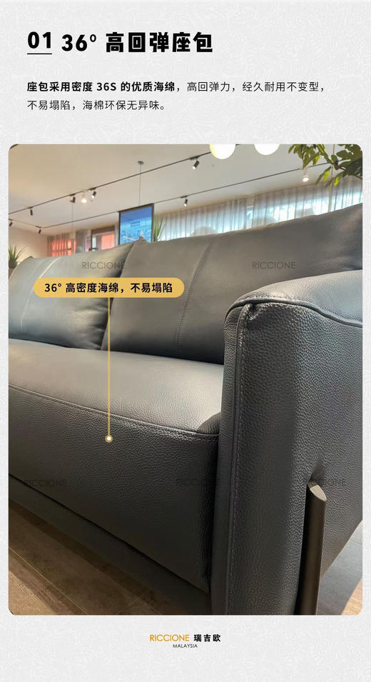 瑞吉欧三人位真皮沙发  ME 20913（家具订制周期35-40天,无现货），头层黄牛皮，3人位沙发，蓝珐琅 商品图2