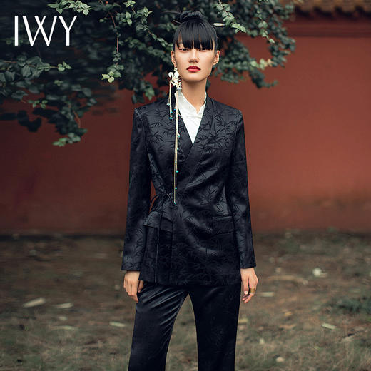 IWY/国风职业时尚西装套装复古V领系带中式竹纹提花女装213224C1+P3 商品图1
