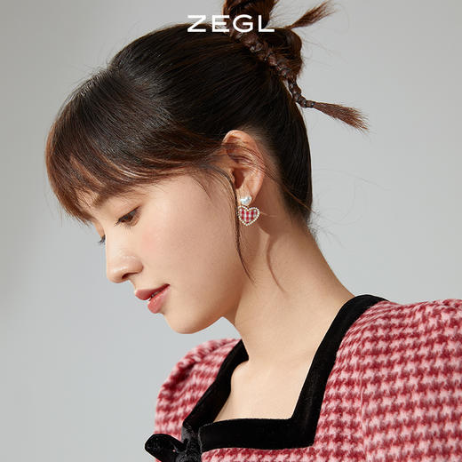 ZEGL棋盘格爱心耳环女设计感小众韩国气质网红耳钉925银针耳饰品 商品图4
