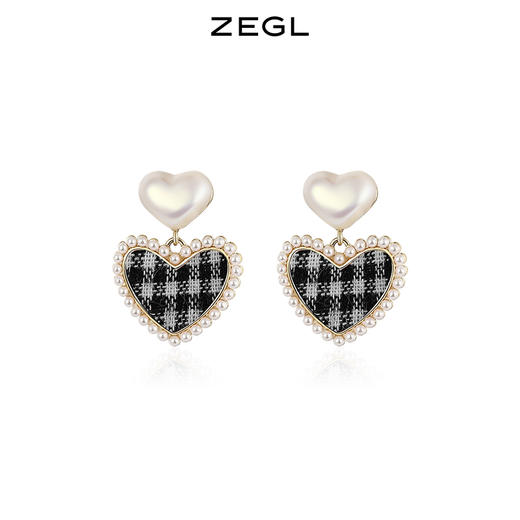 ZEGL棋盘格爱心耳环女设计感小众韩国气质网红耳钉925银针耳饰品 商品图1