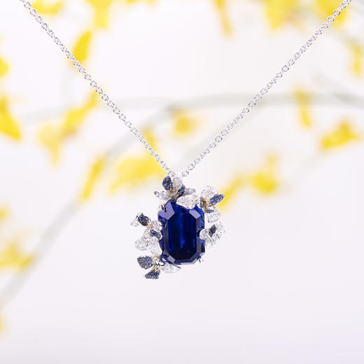 「游走艺术 」系列之  ”鸢尾花与蜂鸟”坦桑石蓝宝石钻石指间戒及吊坠

皇家蓝坦桑石15.16克拉，
钻石1.402克拉，
黄钻0.01克拉，
蓝宝石0.25克拉，
18k白金14.12克 商品图3