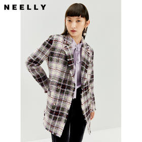 NEELLY纳俪格子毛呢外套女士秋冬季修身双排扣大衣格纹通勤百搭