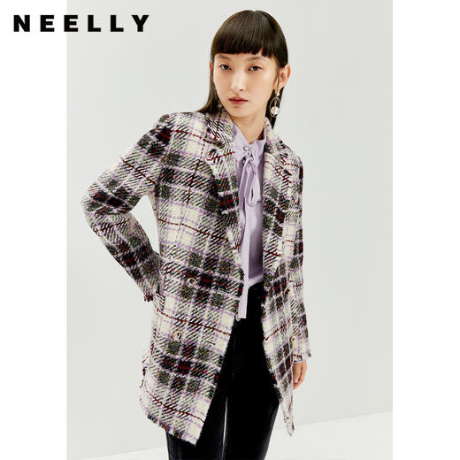 NEELLY纳俪格子毛呢外套女士秋冬季修身双排扣大衣格纹通勤百搭 商品图0