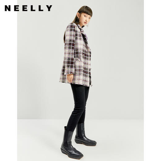 NEELLY纳俪格子毛呢外套女士秋冬季修身双排扣大衣格纹通勤百搭 商品图2