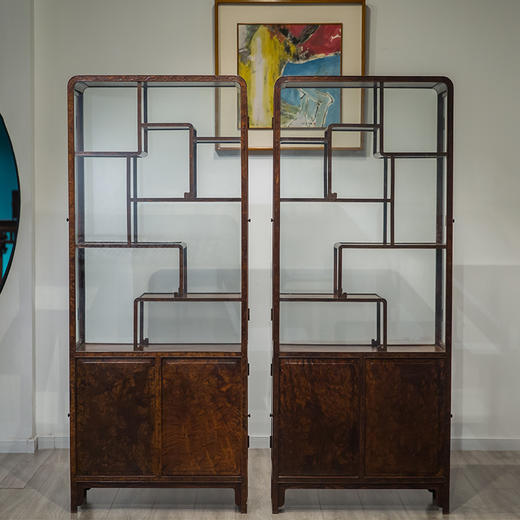 民国 红木镶瘿木侧开门博古架（一对） 商品图0