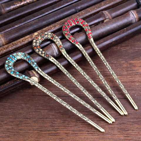 发簪古典u型簪子盘发宫廷民族风简约水钻发钗发叉汉服头饰饰品 商品图3