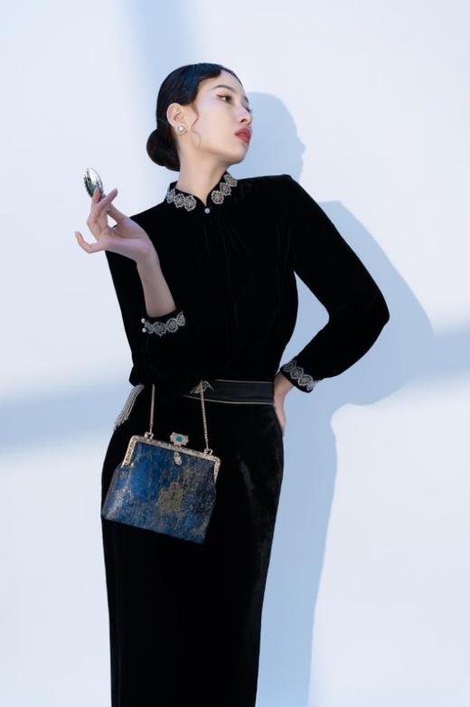 荷言HEYEN 时锦 黑色真丝丝绒半身裙拼接刺绣腰带 商品图6