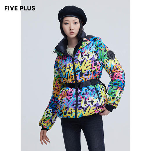 FIVE PLUS2021新款女冬装彩虹色鹅绒羽绒服女连帽滑雪服外套收腰2NN4334330 商品图1