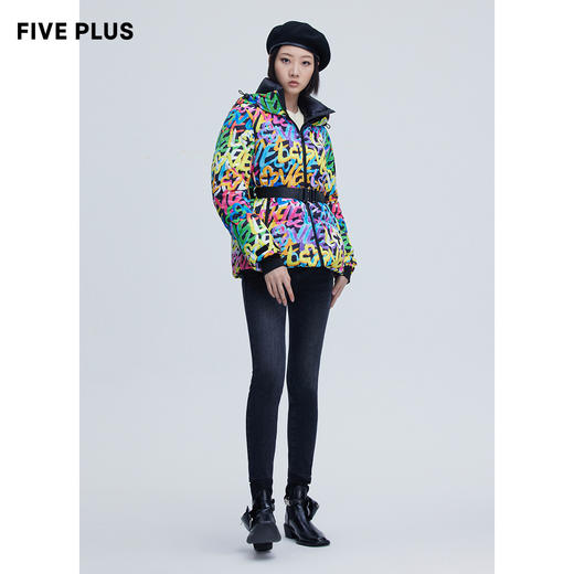FIVE PLUS2021新款女冬装彩虹色鹅绒羽绒服女连帽滑雪服外套收腰2NN4334330 商品图2