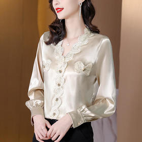 AHM-hmnz8114新款时尚洋气蕾丝V领长袖衬衫