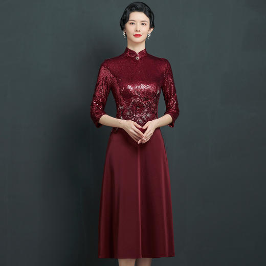 上海旗袍厂NBL-NZ311婚礼旗袍连衣裙七分袖婚庆宴会穿婚宴奥黛礼服高贵春秋 商品图4