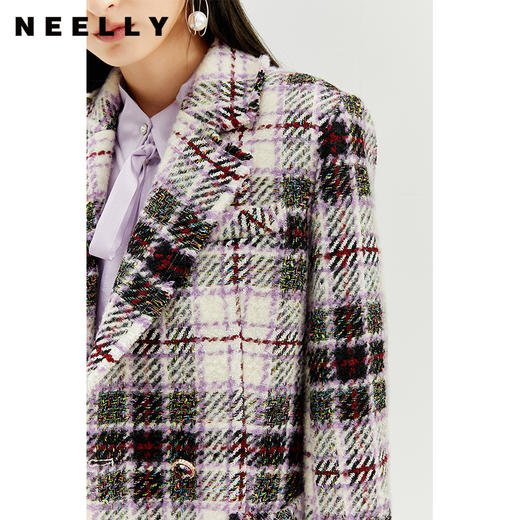 NEELLY纳俪格子毛呢外套女士秋冬季修身双排扣大衣格纹通勤百搭 商品图3