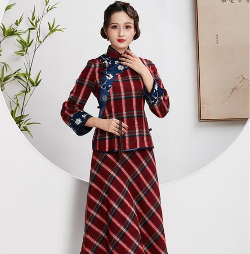 QC1697584 毛呢两件套边手工盘扣长袖旗袍裙礼服2021秋冬新款 商品图1