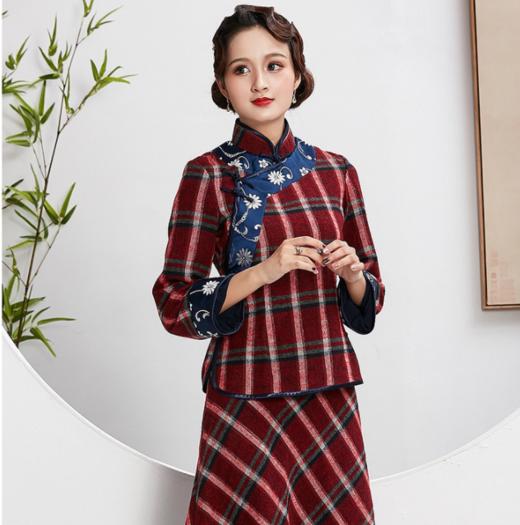 QC1697584 毛呢两件套边手工盘扣长袖旗袍裙礼服2021秋冬新款 商品图2