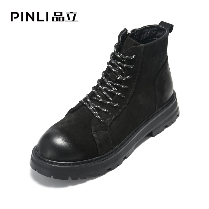 PINLI品立冬季新款男磨砂高帮厚底休闲真皮马丁靴B214121363