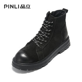 PINLI品立冬季新款男磨砂高帮厚底休闲真皮马丁靴B214121363