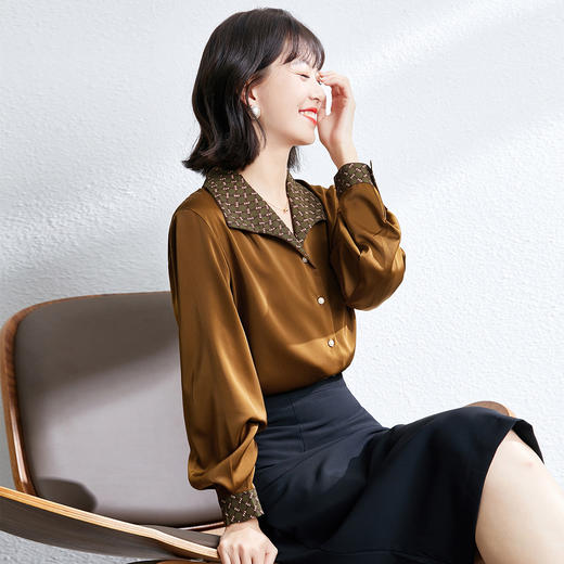 AHM- oreB1116 缎面雪纺衫衬衣女装2022新款春装港风复古气质百搭长袖花衬衫上衣 商品图1