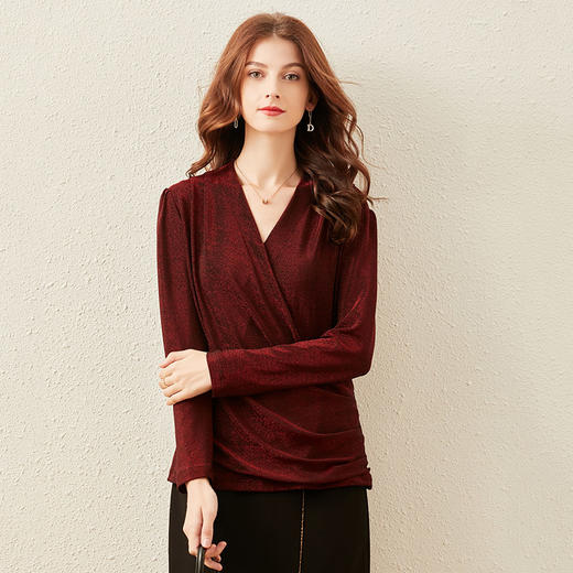 丁摩 秋冬交叉V领打底衫女内搭洋气小衫弹力闪光丝上衣20-220 -DJ99 商品图3