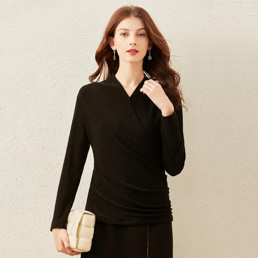 丁摩 秋冬交叉V领打底衫女内搭洋气小衫弹力闪光丝上衣20-220 -DJ99 商品图9