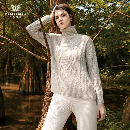 METTE羊绒世家冬女士羊绒针织衫高领套头山羊绒纯色加厚绞花毛衣 商品图0