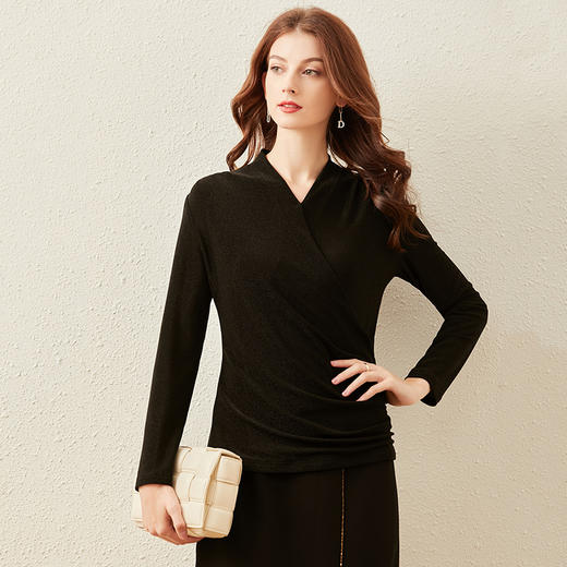 丁摩 秋冬交叉V领打底衫女内搭洋气小衫弹力闪光丝上衣20-220 -DJ99 商品图8