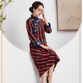 QC1697584 毛呢两件套边手工盘扣长袖旗袍裙礼服2021秋冬新款