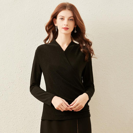 丁摩 秋冬交叉V领打底衫女内搭洋气小衫弹力闪光丝上衣20-220 -DJ99 商品图7