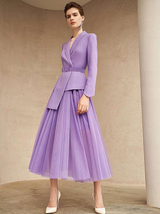 春秋高端时尚收腰紫色西服女微喇裤气质绑带西装名媛纱裙套装洋气 商品图1