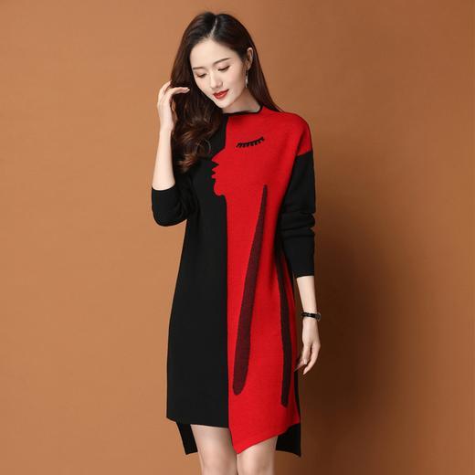 F-LZ19219秋冬新款时尚气质显瘦不规则撞色打底毛衣裙 商品图0