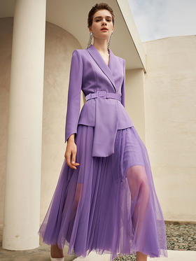 春秋高端时尚收腰紫色西服女微喇裤气质绑带西装名媛纱裙套装洋气