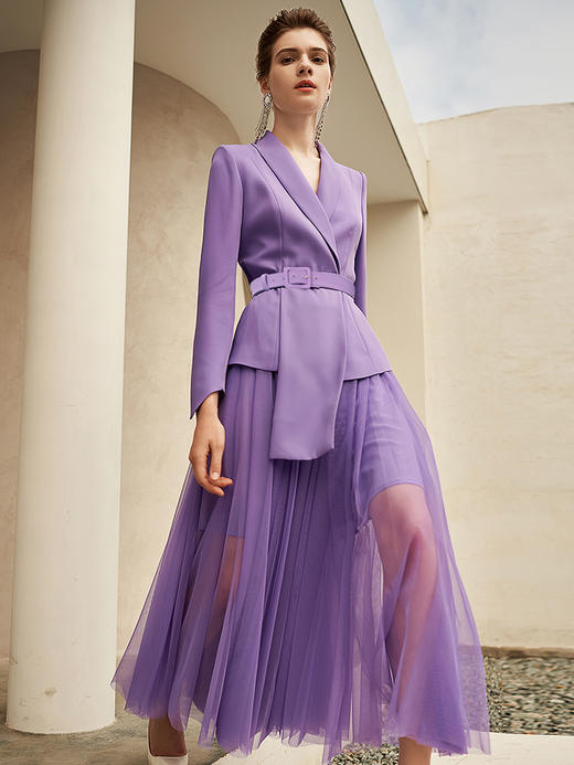 春秋高端时尚收腰紫色西服女微喇裤气质绑带西装名媛纱裙套装洋气 商品图0