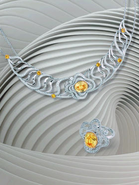 「五行」系列之“土”金色黄蓝宝石钻石项链戒指两戴款

金色黄蓝宝石5.23克拉，
钻石2.35克拉，
黄色蓝宝石1.34克拉，
No 18k白金29.22克