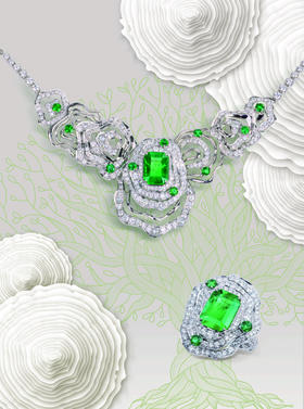 「五行」系列之“木”祖母绿钻石项链戒指两戴款

极微油祖母绿Vivid green3.72克拉，
钻石4.33克拉，
圆形刻面祖母绿1.21克拉