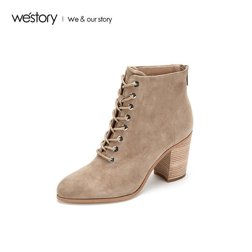 westory2019秋季新品系带尖头粗跟磨砂时尚马丁短靴女W29DS80091 商品图0