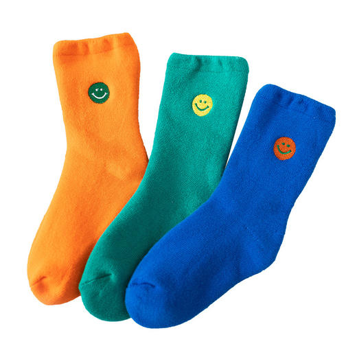 【3双装 蓄热保暖 多彩柔软无线头】刺绣笑脸儿童袜子秋冬儿童中筒袜 男童女童童袜 加厚毛圈儿童袜子 商品图3