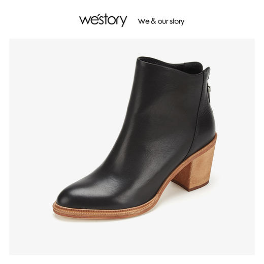 westory粗跟时装后拉链短靴女尖头真皮百搭 2019冬新款W29DS80361 商品图0