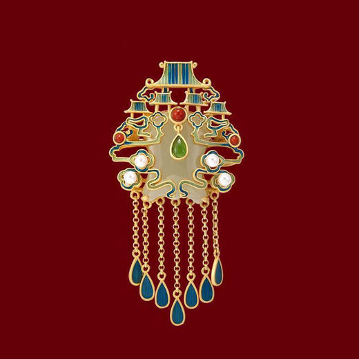 天然和田玉南天门胸针镶S925纯银复古流苏胸花奢华冷珐琅胸针饰品 商品图4