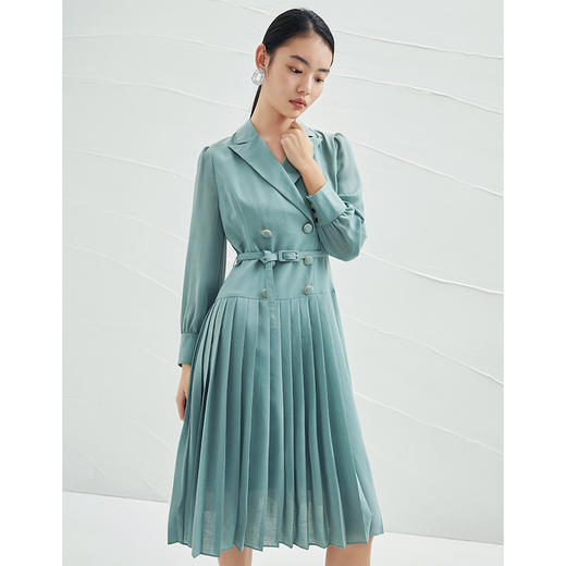 EITIE爱特爱春夏季女装V领简约长袖中裙修身褶皱连衣裙6507254 商品图2