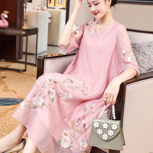 上海旗袍厂KDS-1220新款民族风天丝棉刺绣宽松禅意中长款大摆连衣裙 商品图0