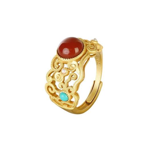 原创S925纯银南红戒指女复古个性中式古风高档大气优雅开口食指戒 商品图4