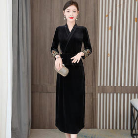 新款女装中式复古金丝绒V领旗袍裙修身中国风连衣裙 HT-XY-AS8758