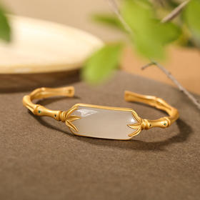 银镀金仿和田玉石复古竹节开口手环